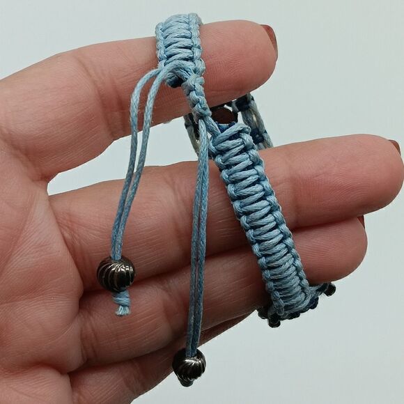 ROSE GONZALES Blue Wide Macreme String Bracelet w/Black Crystals & Silver Discs - Picture 7 of 7